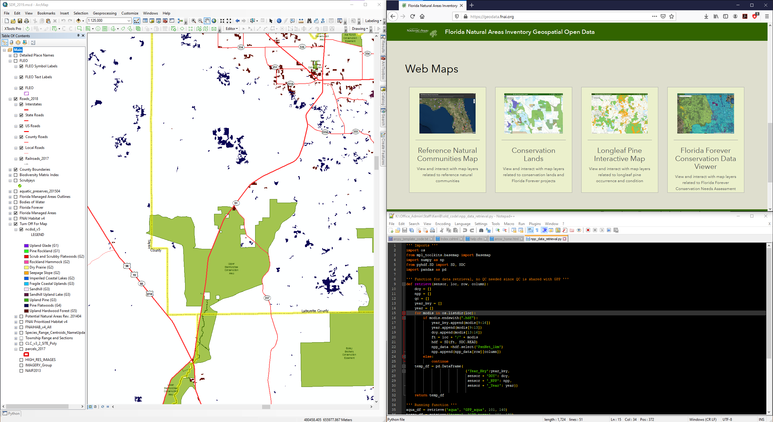 Screenshot of Arcgis, notepad and browser with webmaps